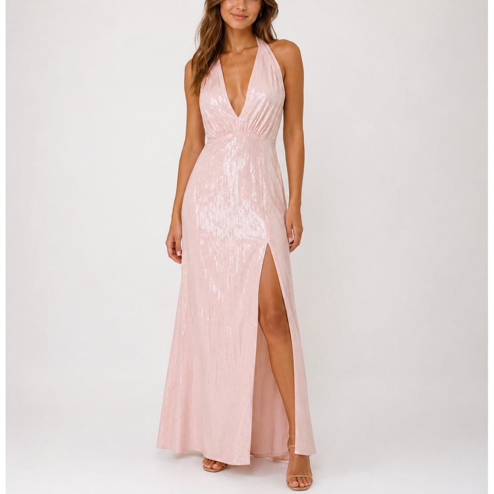 House Of CB Dress Womens L Pink Sequin Halter Maxi Side Slit Formal Gown Prom
